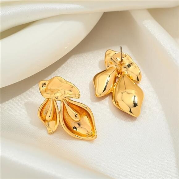 Floral Gold Earrings | 14K Gold Plated 3D Petal Dangle Earrings - Picture 4 of 6